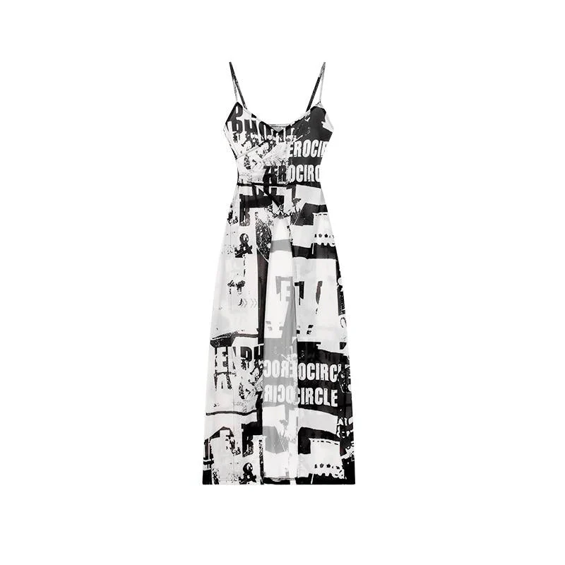 V neck letter print padded high slit sheer mesh cami midi dress - Image 4