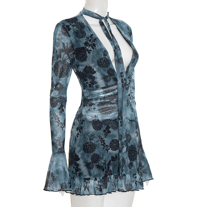 V neck long flared sleeve mesh flower print mini dress - Image 3