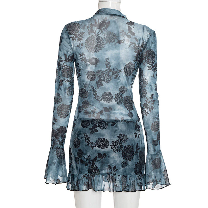 V neck long flared sleeve mesh flower print mini dress - Image 4