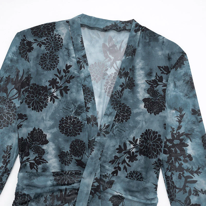 V neck long flared sleeve mesh flower print mini dress - Image 7