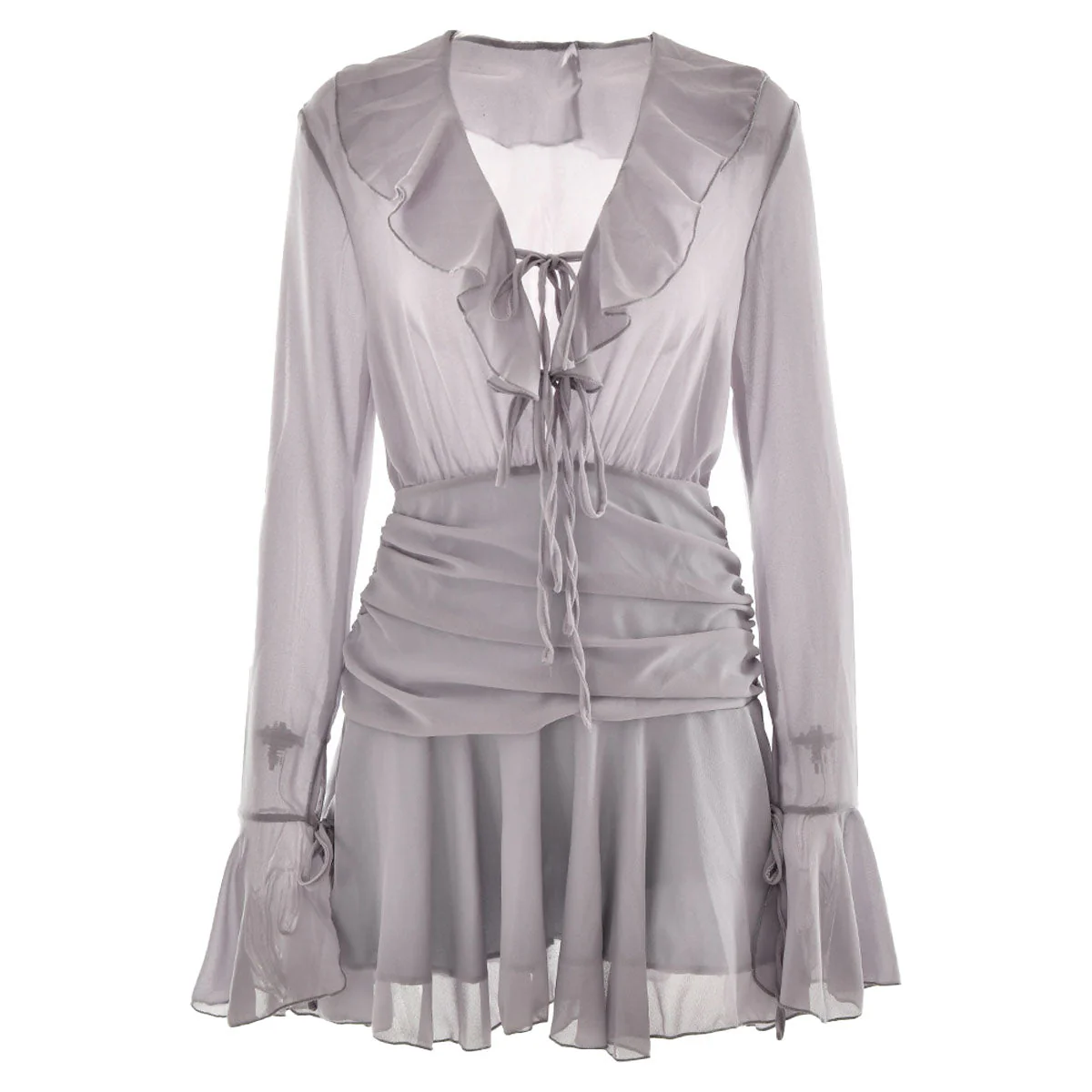 V neck long sleeve chiffon ruched ruffle mini dress