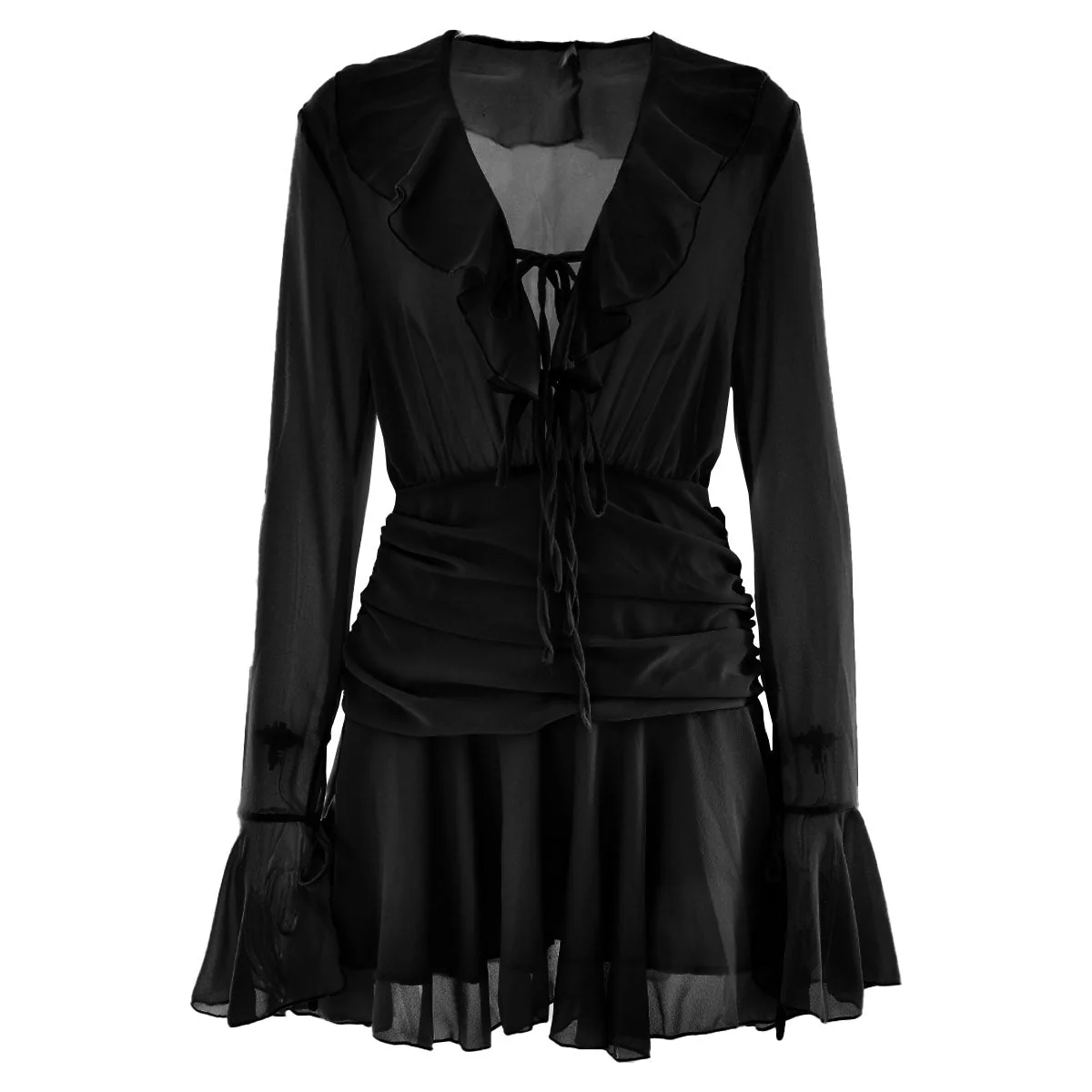 V neck long sleeve chiffon ruched ruffle mini dress - Image 2