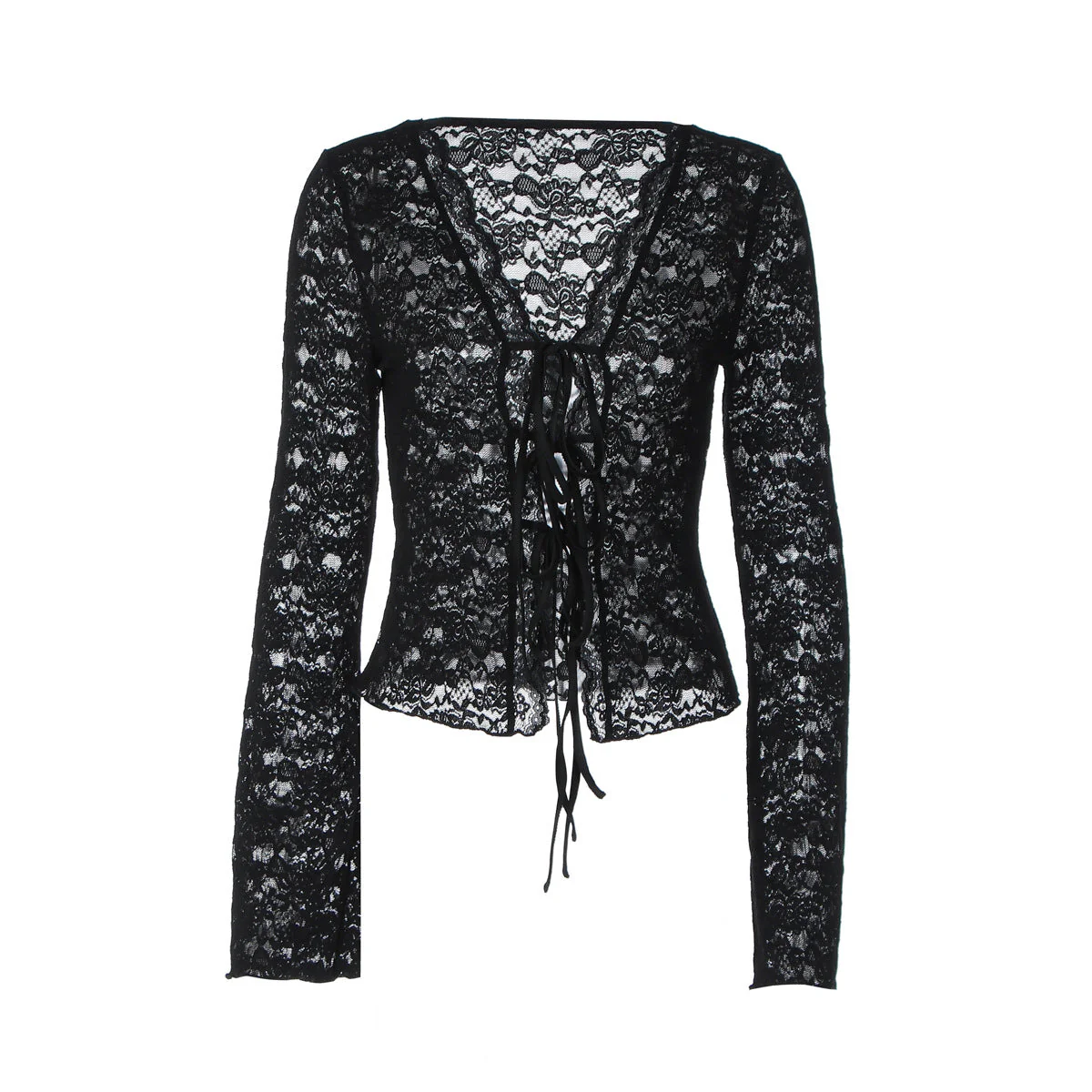 V neck long sleeve lace see through self tie top
