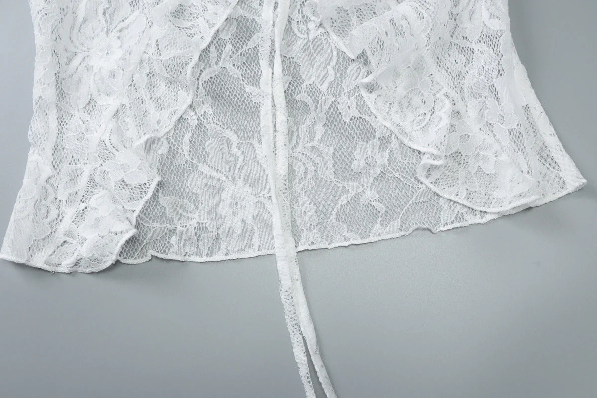 V neck long sleeve lace self tie top - Image 5