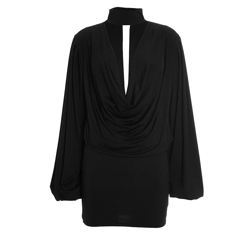 V neck long sleeve ruched mini skirt set