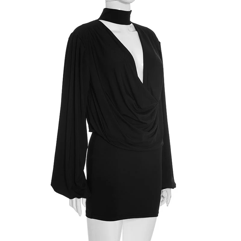 V neck long sleeve ruched mini skirt set - Image 6