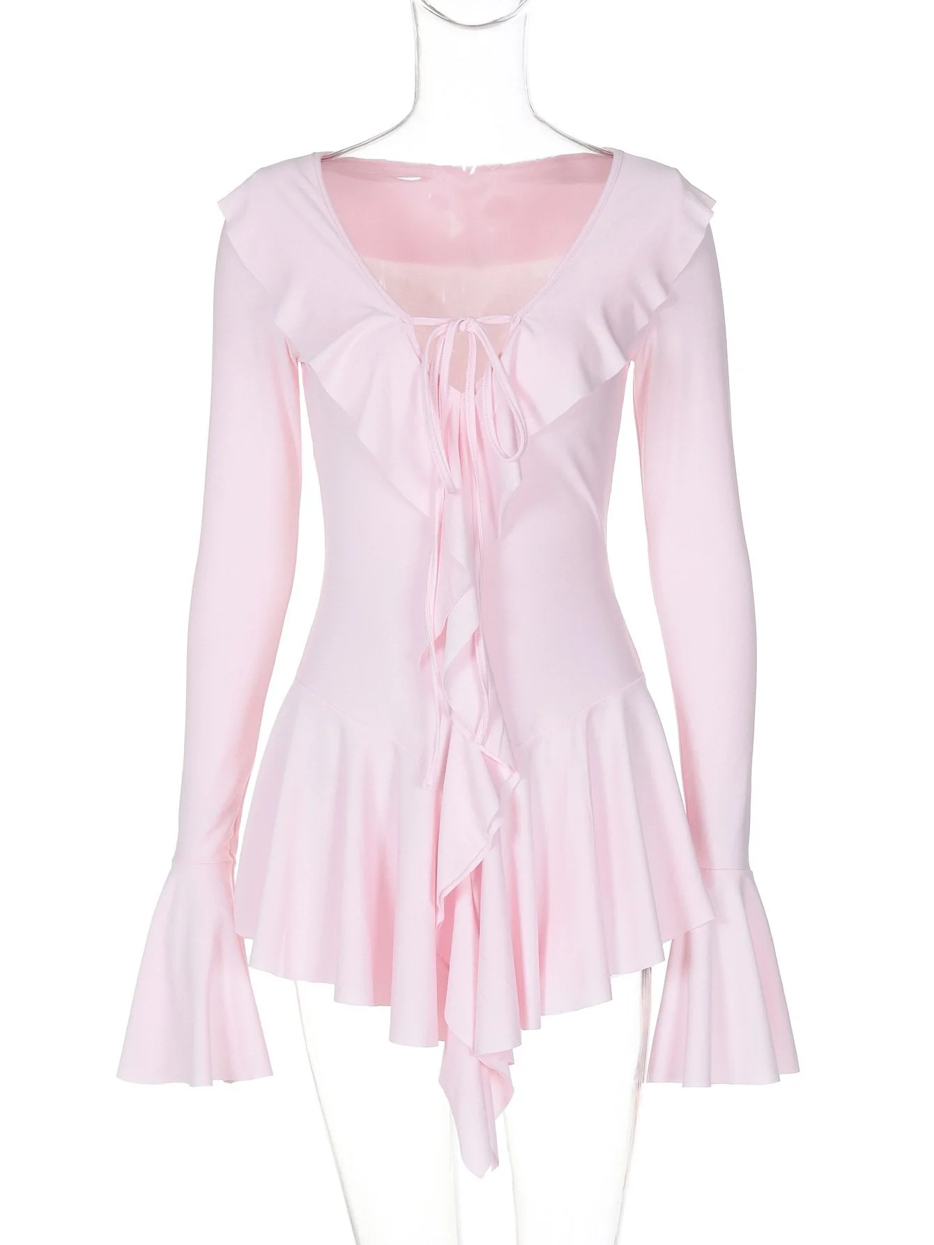 V neck long flared sleeve self tie ruffle mini dress - Image 5