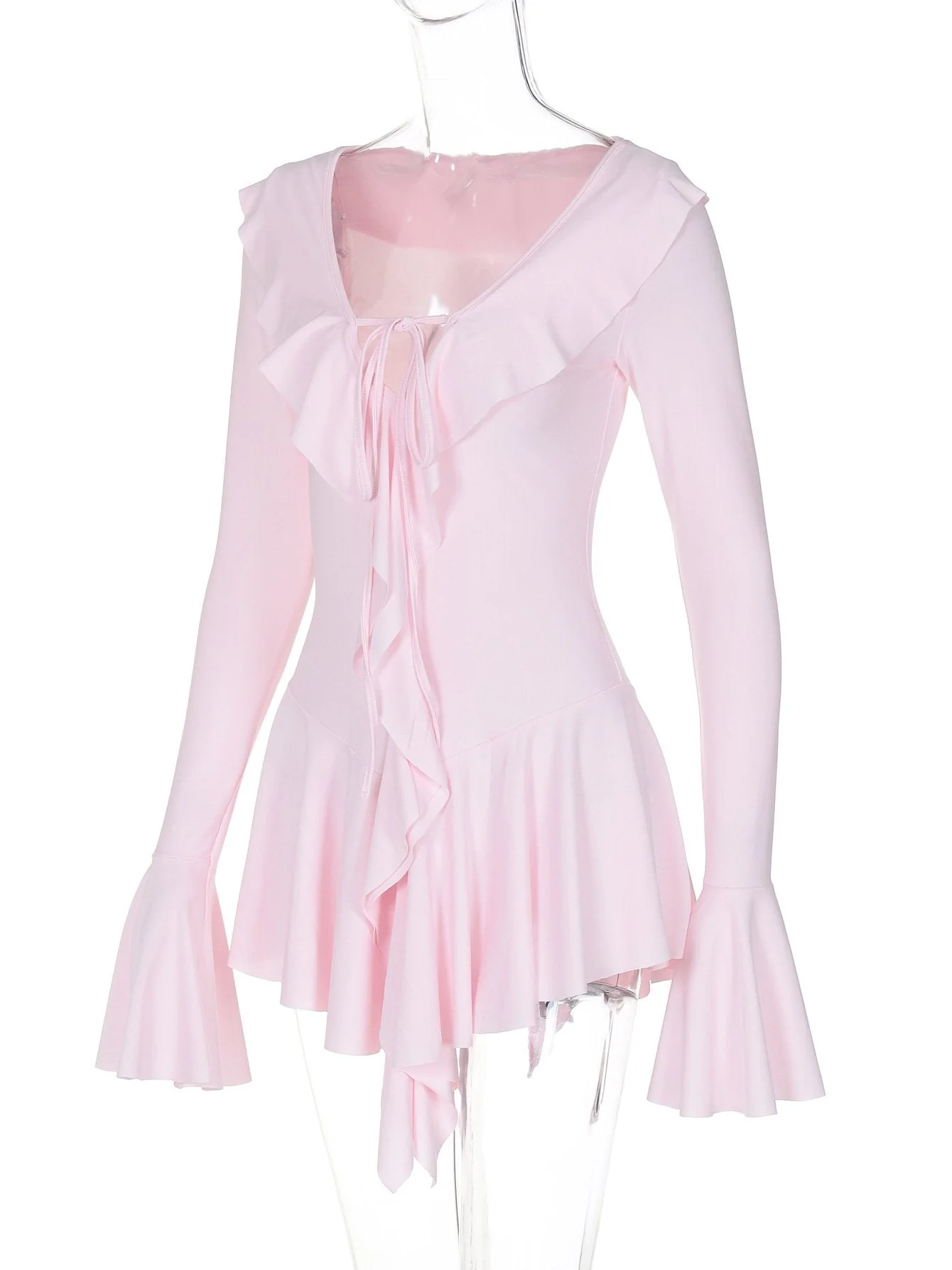 V neck long flared sleeve self tie ruffle mini dress - Image 6