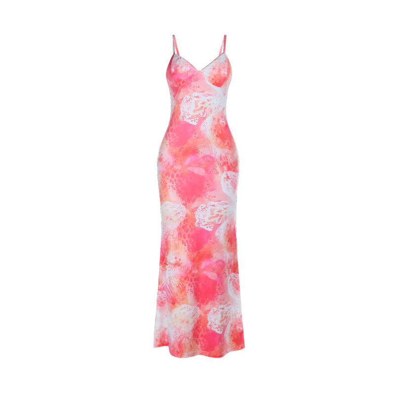 V neck print backless cami maxi dress