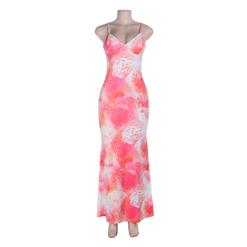 V neck print backless cami maxi dress - Image 2