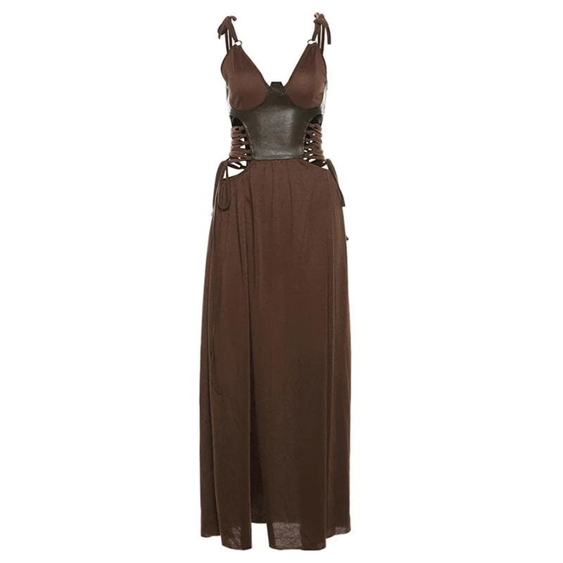 V neck PU leather patchwork high slit maxi dress