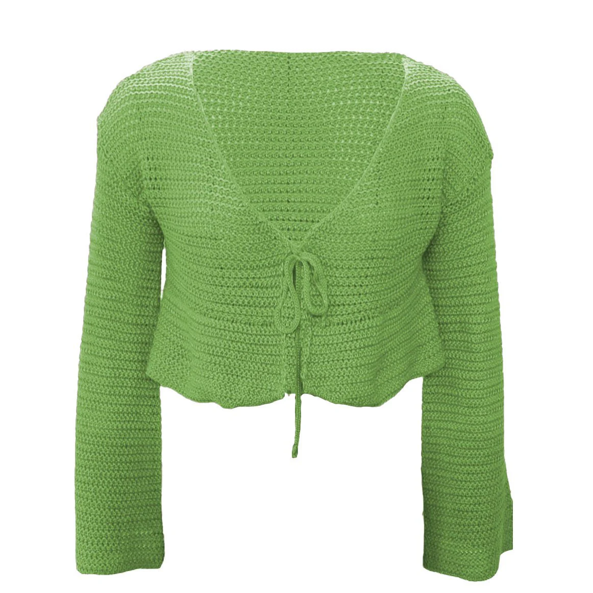 V neck self tie knit crochet long sleeve solid crop top y2k 90s Revival Techno Fashion - Image 3