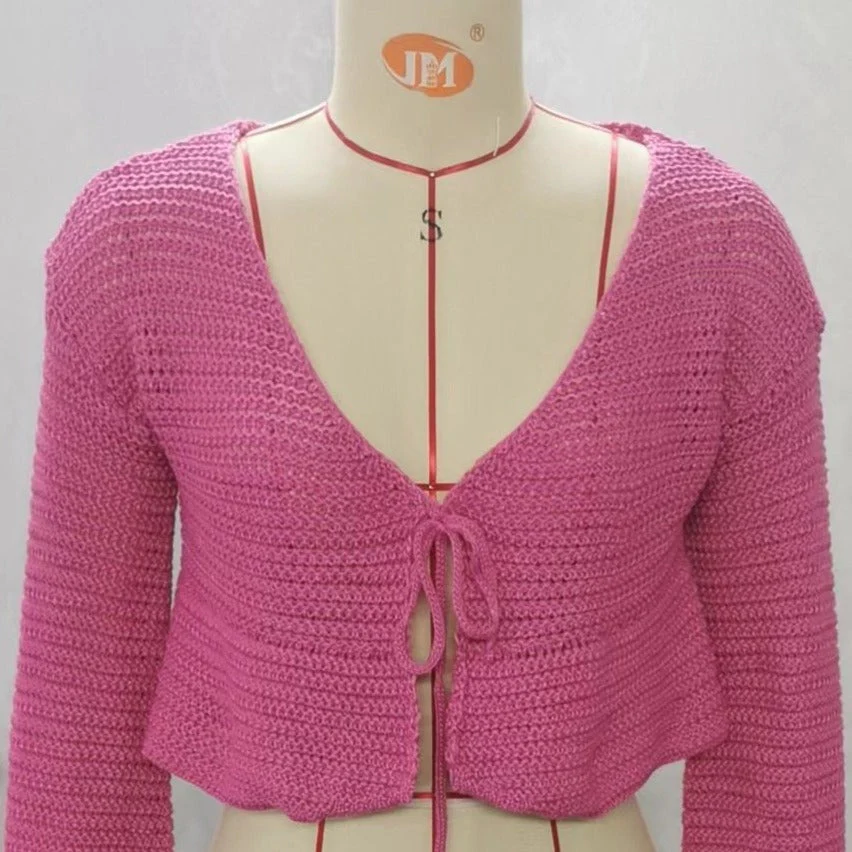 V neck self tie knit crochet long sleeve solid crop top y2k 90s Revival Techno Fashion - Image 4