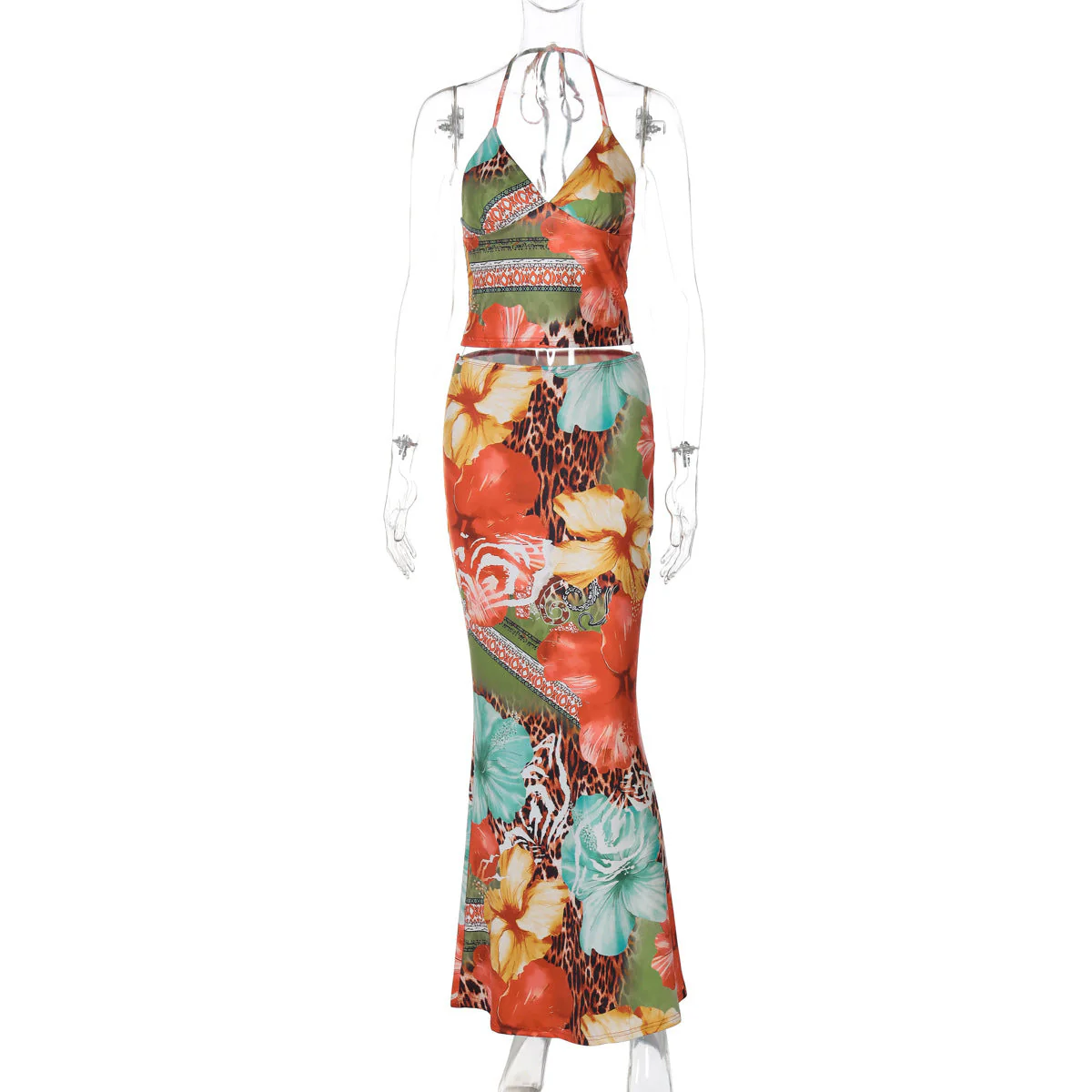 V neck self tie halter flower print maxi skirt set - Image 2