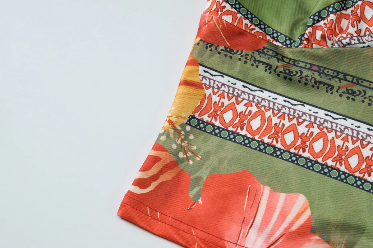 V neck self tie halter flower print maxi skirt set - Image 6