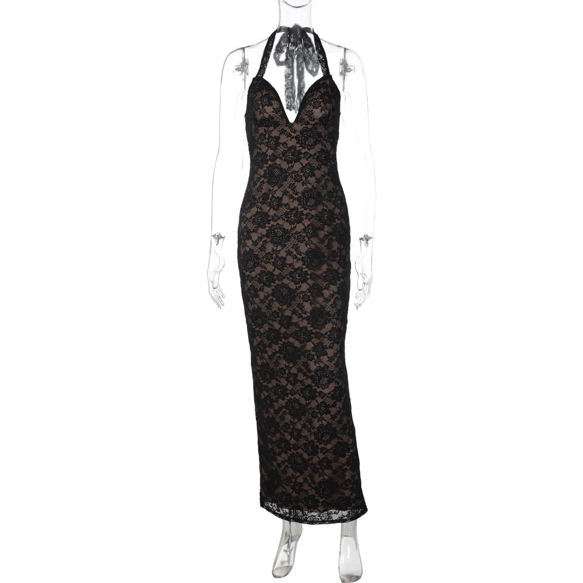 V neck self tie halter lace slit maxi dress - Image 2