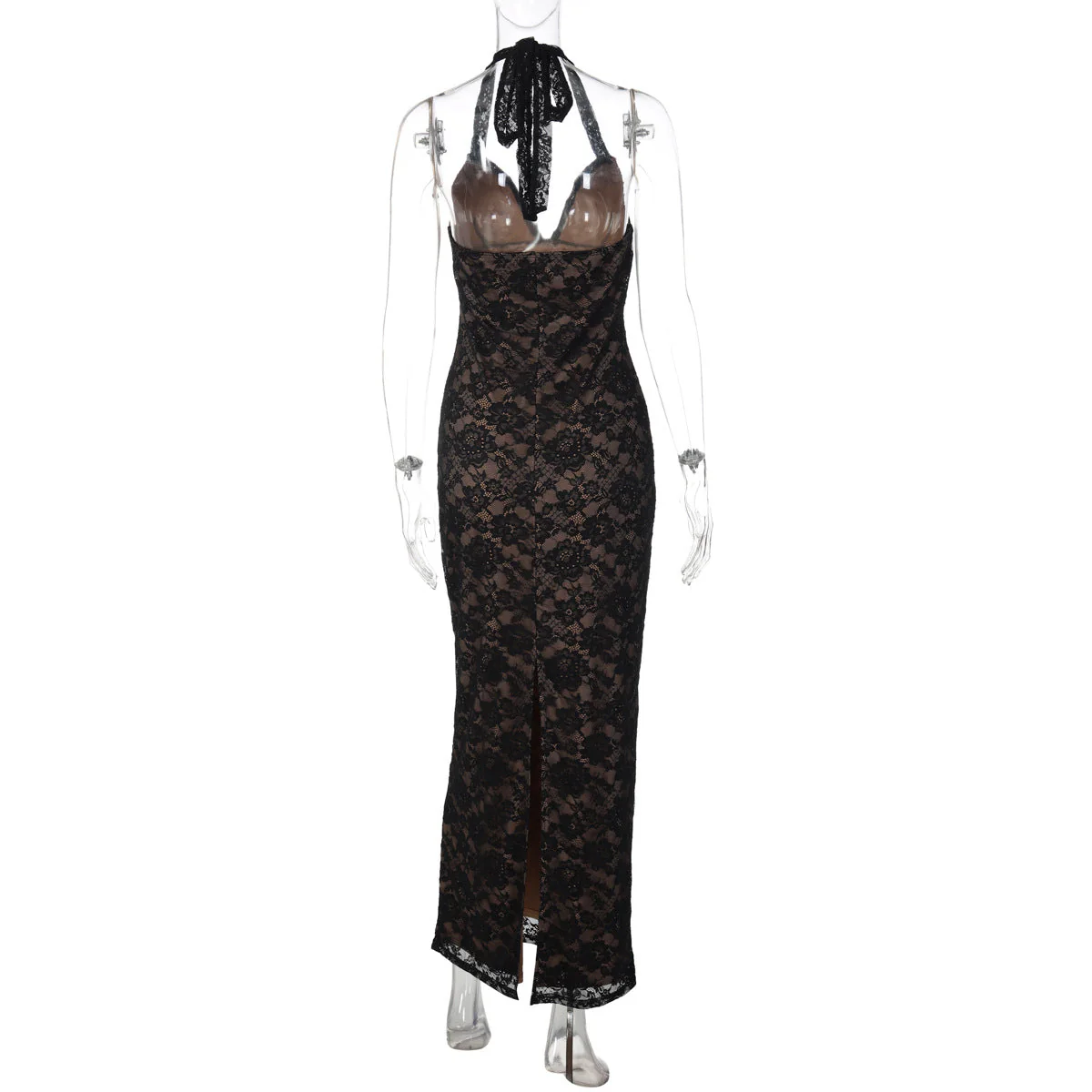 V neck self tie halter lace slit maxi dress - Image 4