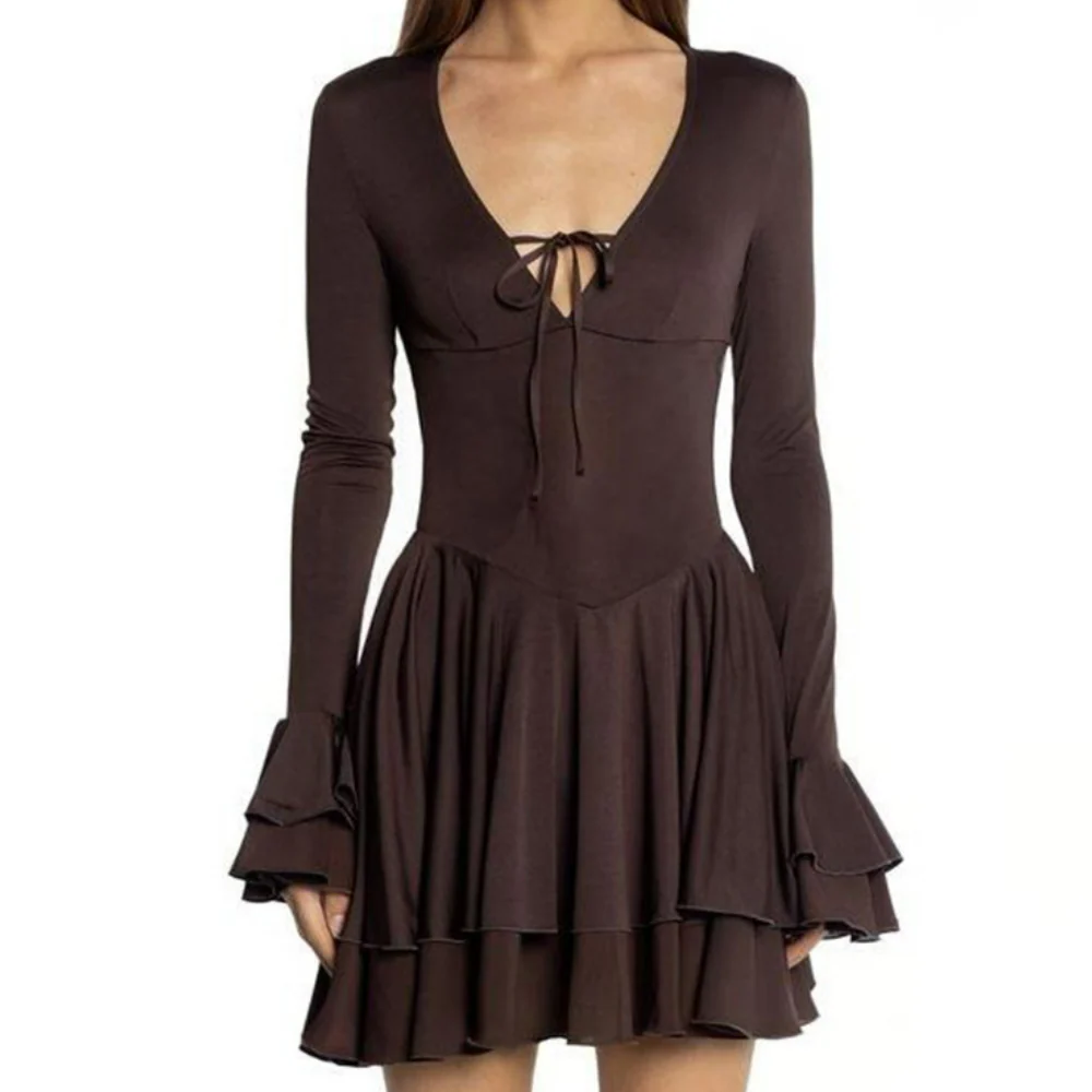 V neck self tie long flared sleeve mini dress - Image 2