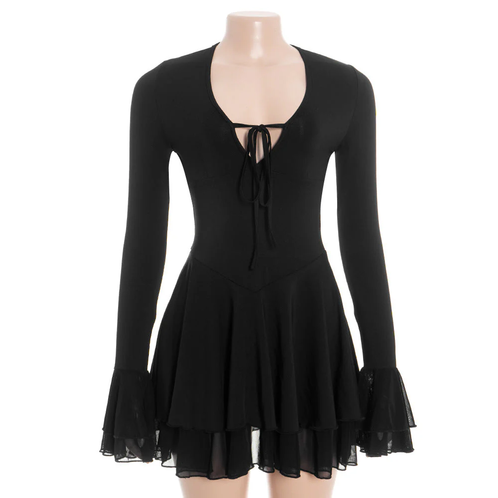 V neck self tie long flared sleeve mini dress - Image 3