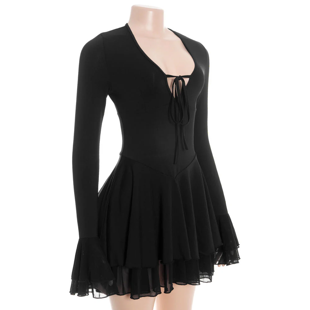 V neck self tie long flared sleeve mini dress - Image 4