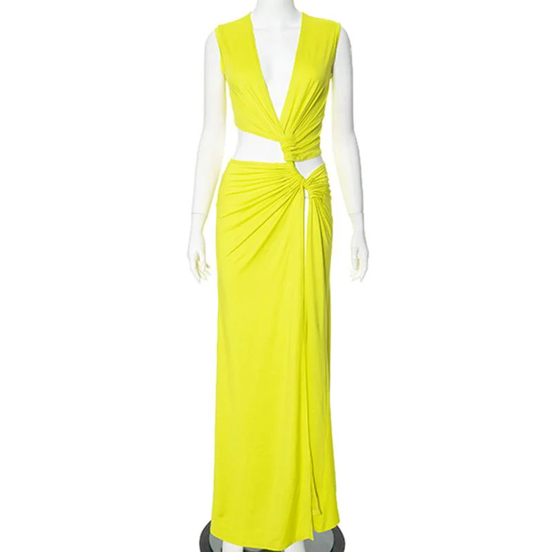 V neck sleeveless high slit ruched maxi dress - Image 7