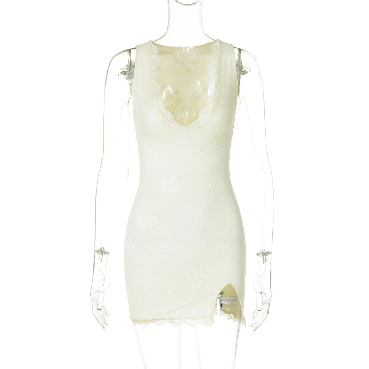 V neck sleeveless lace slit mini dress - Image 2