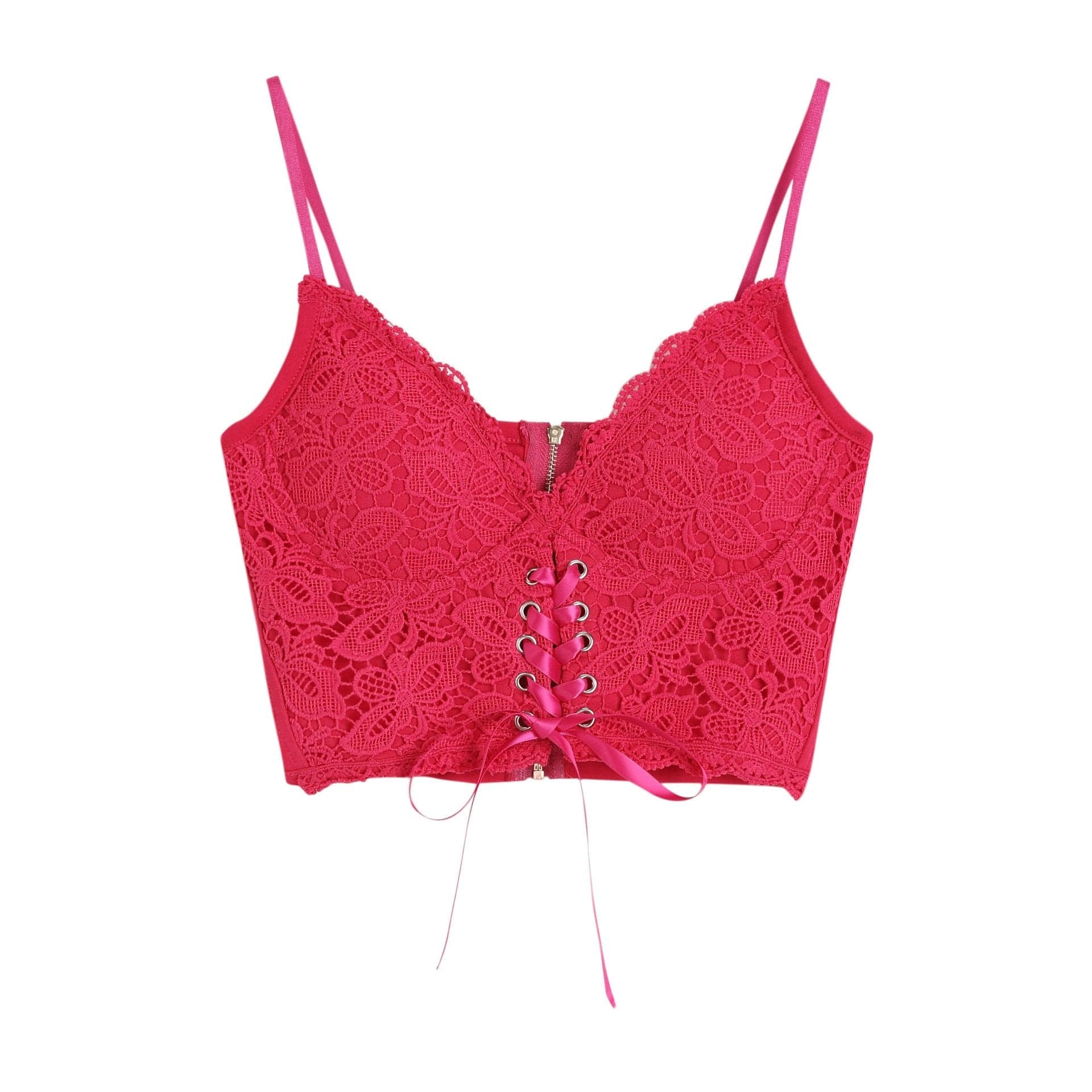 V neck heart neck solid lace up zip-up lace hem cami top y2k 90s Revival Techno Fashion - Image 3