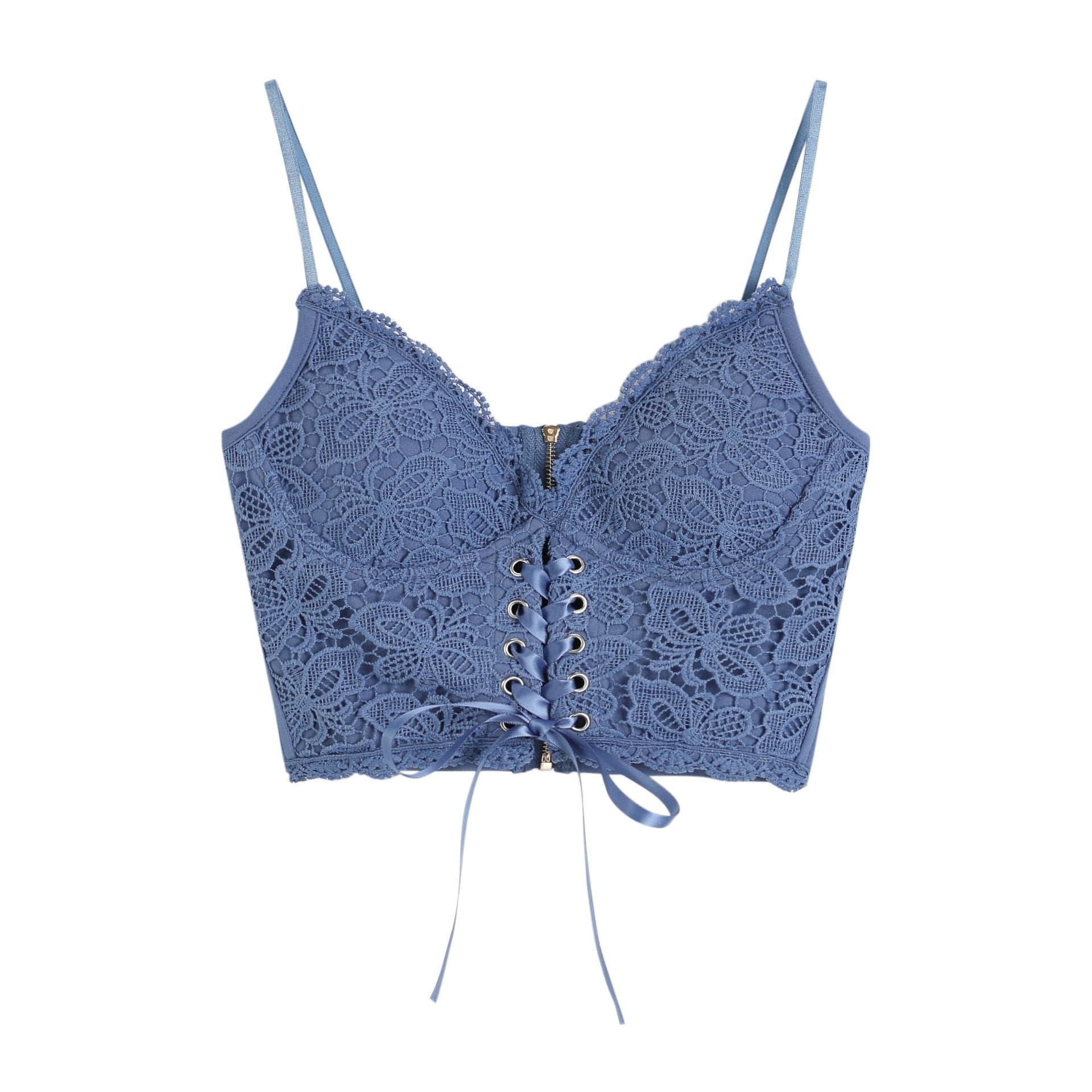 V neck heart neck solid lace up zip-up lace hem cami top y2k 90s Revival Techno Fashion - Image 4