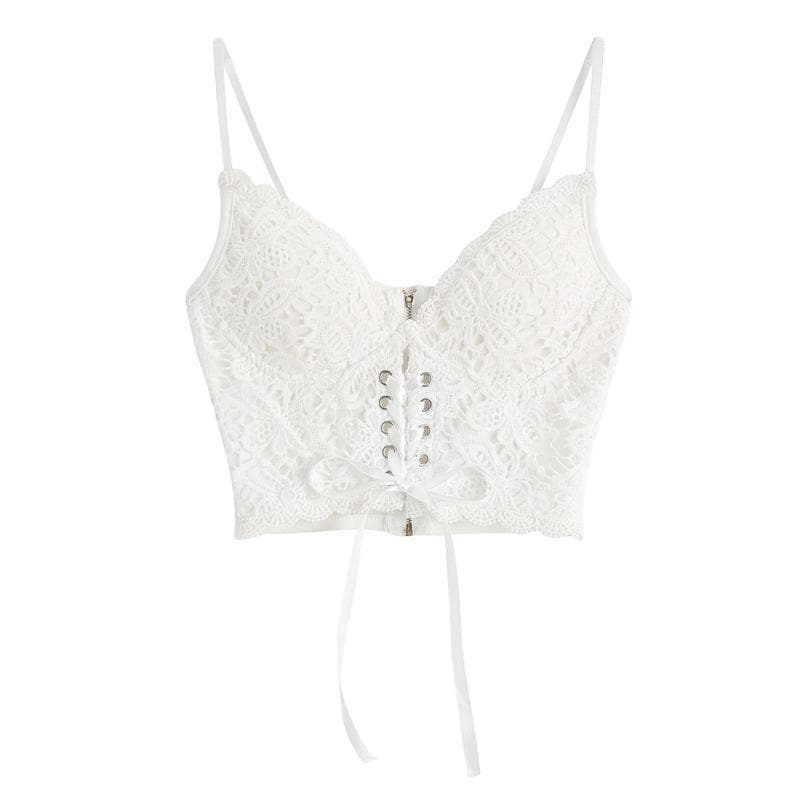V neck heart neck solid lace up zip-up lace hem cami top y2k 90s Revival Techno Fashion - Image 5