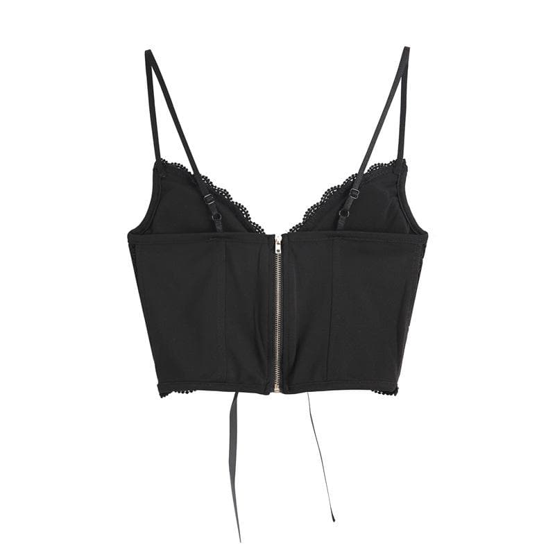 V neck heart neck solid lace up zip-up lace hem cami top y2k 90s Revival Techno Fashion - Image 7