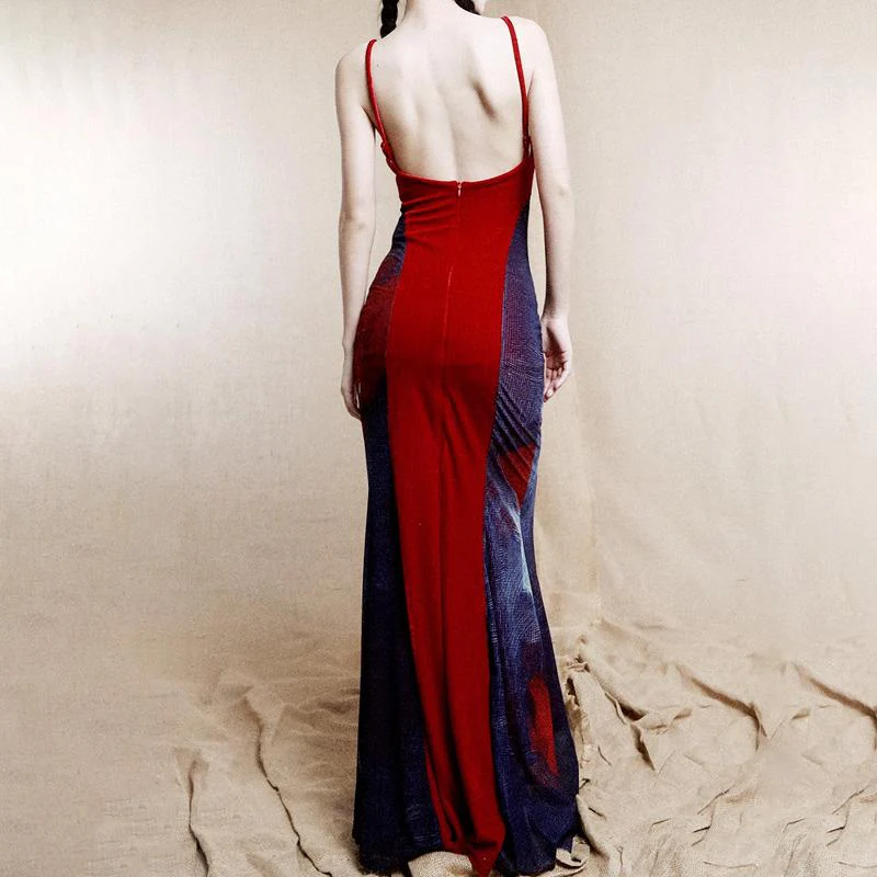 V neck velvet flower print zip-up cami maxi dress - Image 3