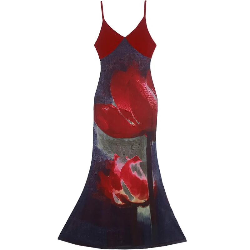 V neck velvet flower print zip-up cami maxi dress - Image 4