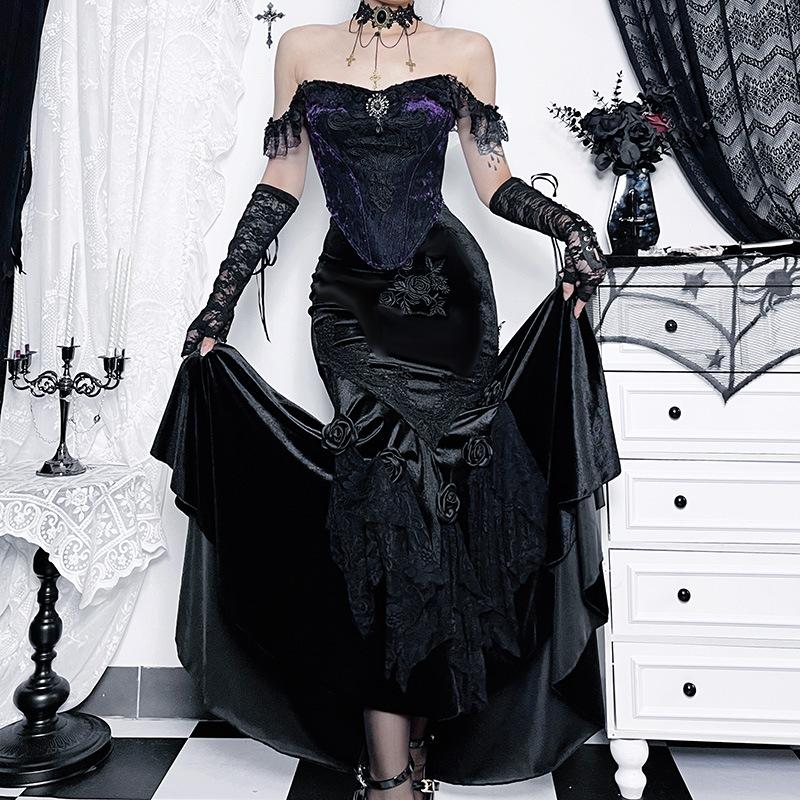 Velvet embroidery flower applique lace hem ruched maxi skirt - Image 4