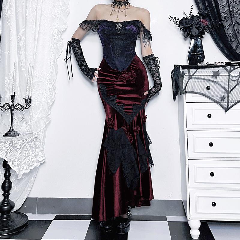 Velvet embroidery flower applique lace hem ruched maxi skirt - Image 5