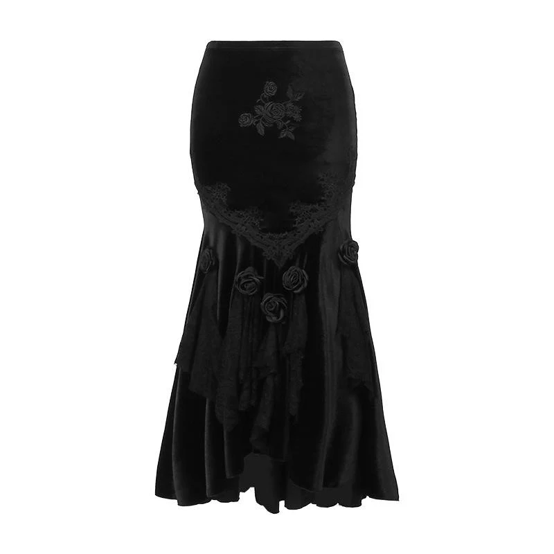 Velvet embroidery flower applique lace hem ruched maxi skirt - Image 7