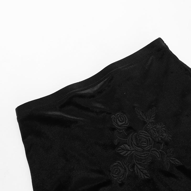 Velvet embroidery flower applique lace hem ruched maxi skirt - Image 9