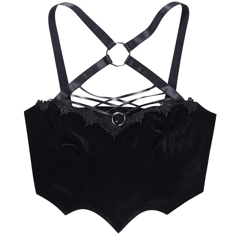 Velvet hem lace O ring cross front cami crop top y2k 90s Revival Techno Fashion