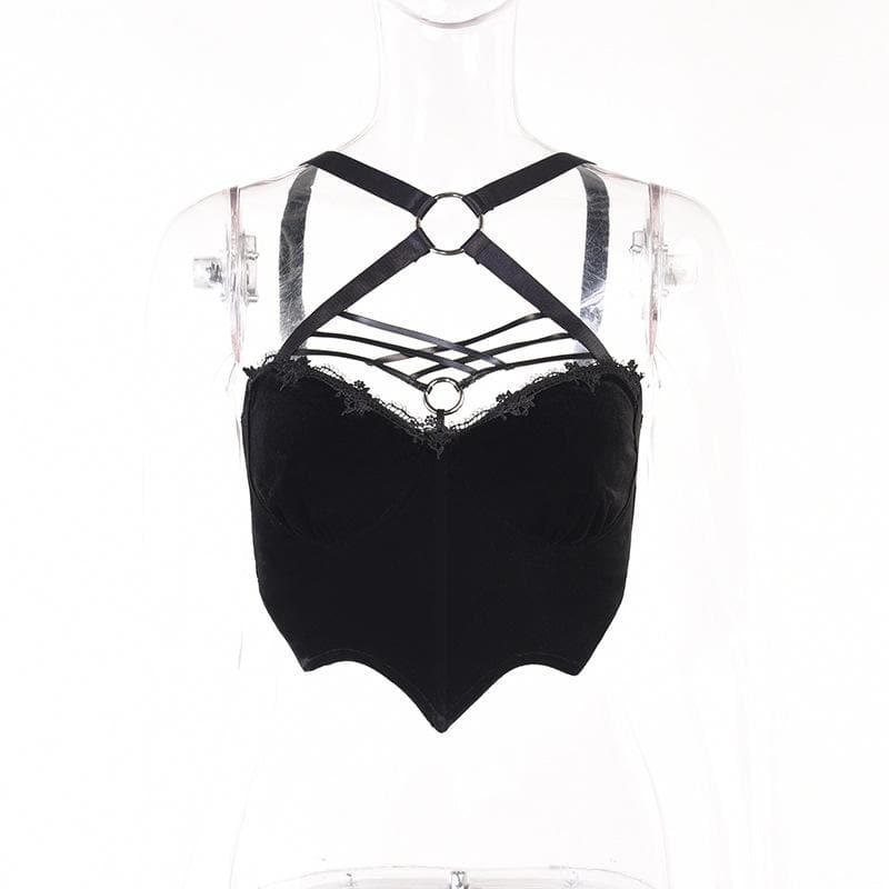 Velvet hem lace O ring cross front cami crop top y2k 90s Revival Techno Fashion - Image 2
