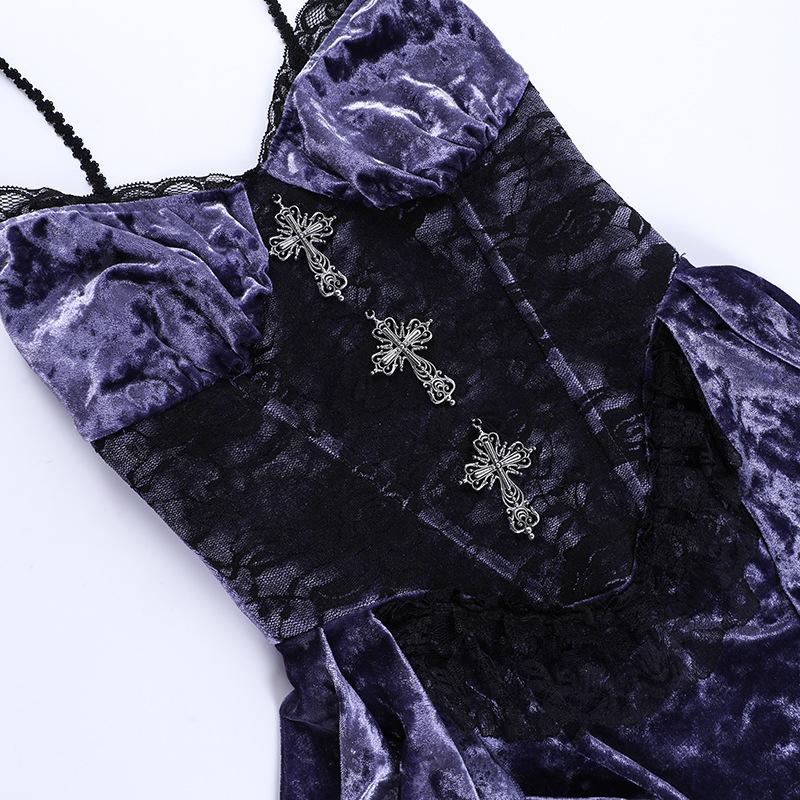 Velvet lace hem cross applique irregular v neck contrast midi dress - Image 8