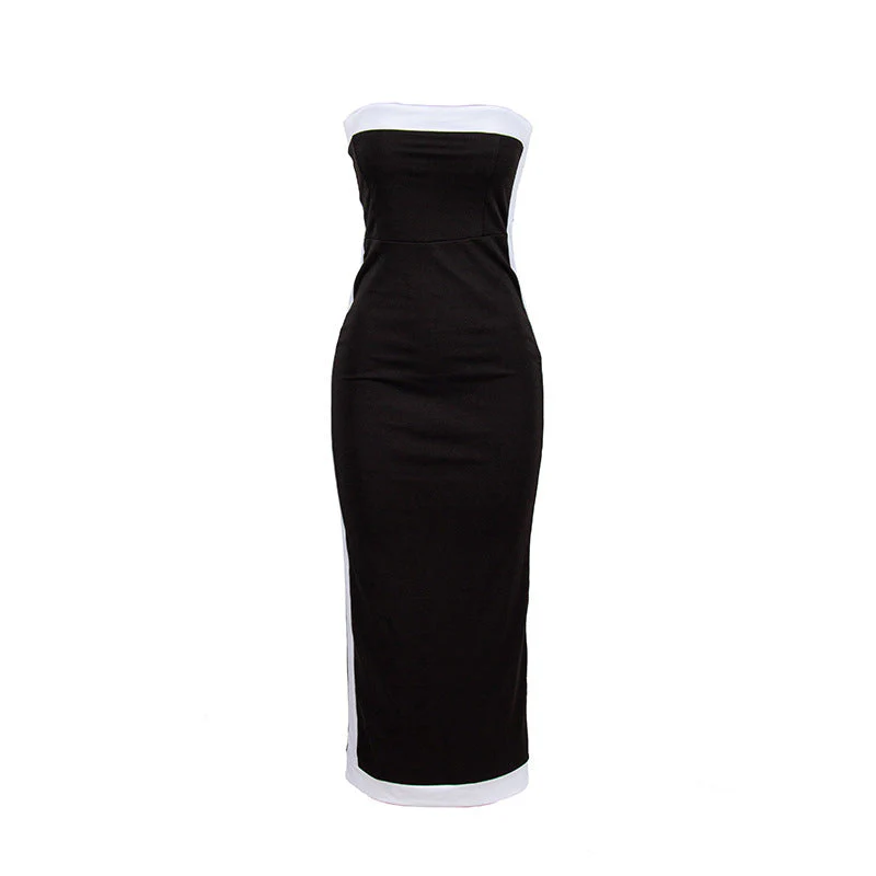 Zip-up backless patchwork contrast tube maxi dress - Image 10
