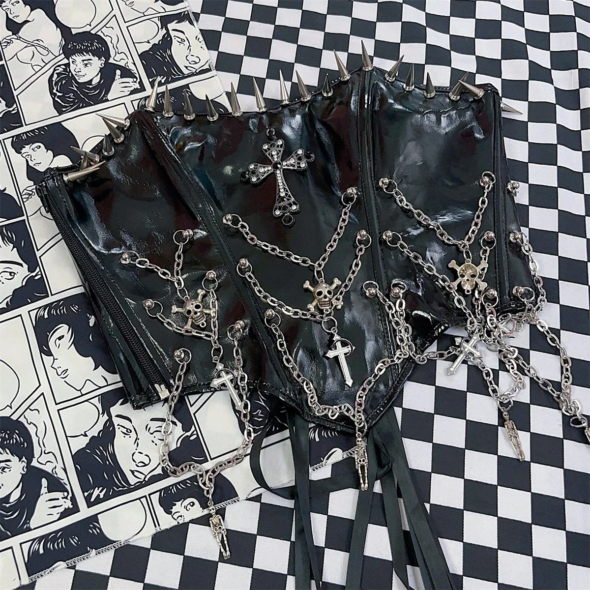 Zip-up metal chain cross applique PU leather lace up top - Image 4