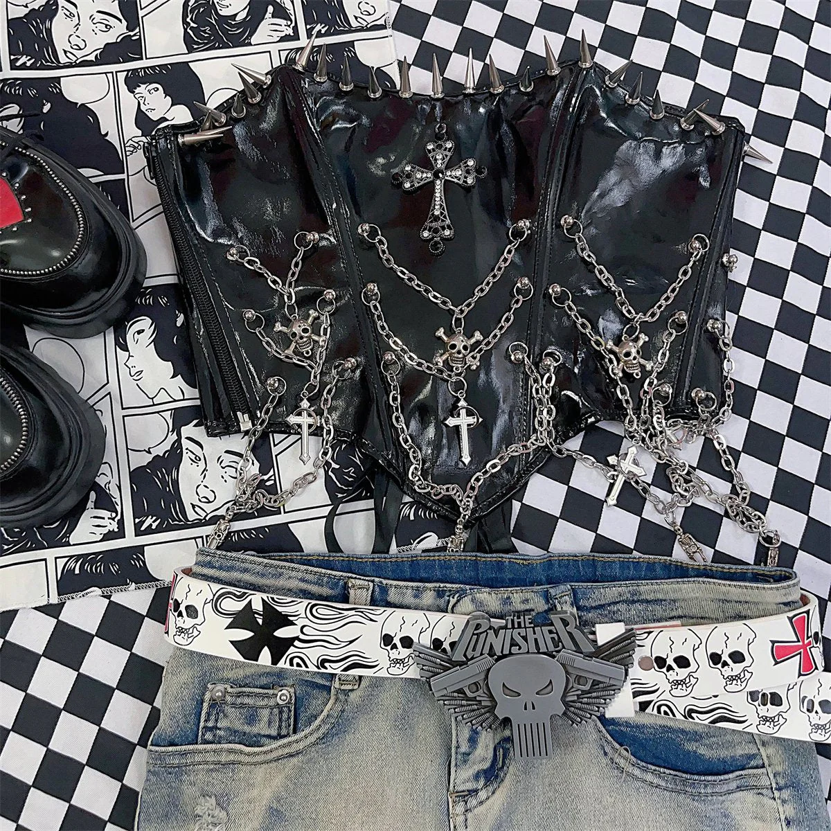 Zip-up metal chain cross applique PU leather lace up top - Image 5