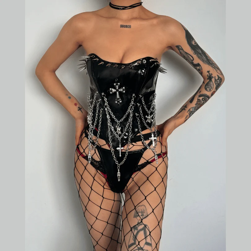 Zip-up metal chain cross applique PU leather lace up top - Image 6