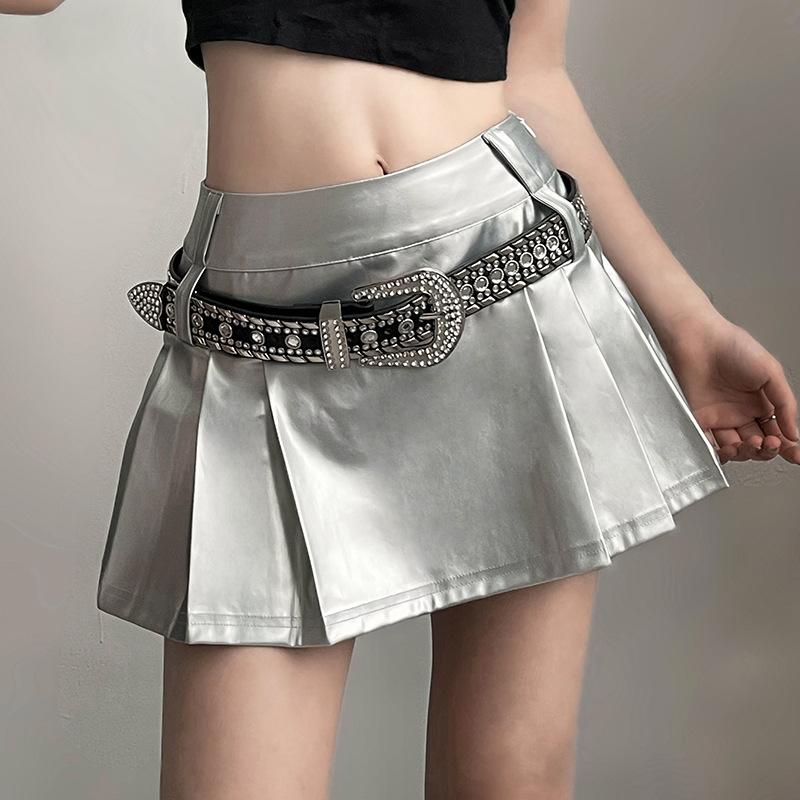 Zip-up metallic pleated medium rise solid mini skirt y2k 90s Revival Techno Fashion - Image 3