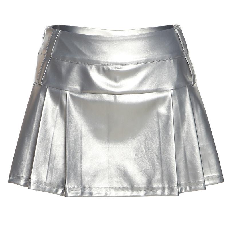 Zip-up metallic pleated medium rise solid mini skirt y2k 90s Revival Techno Fashion - Image 4