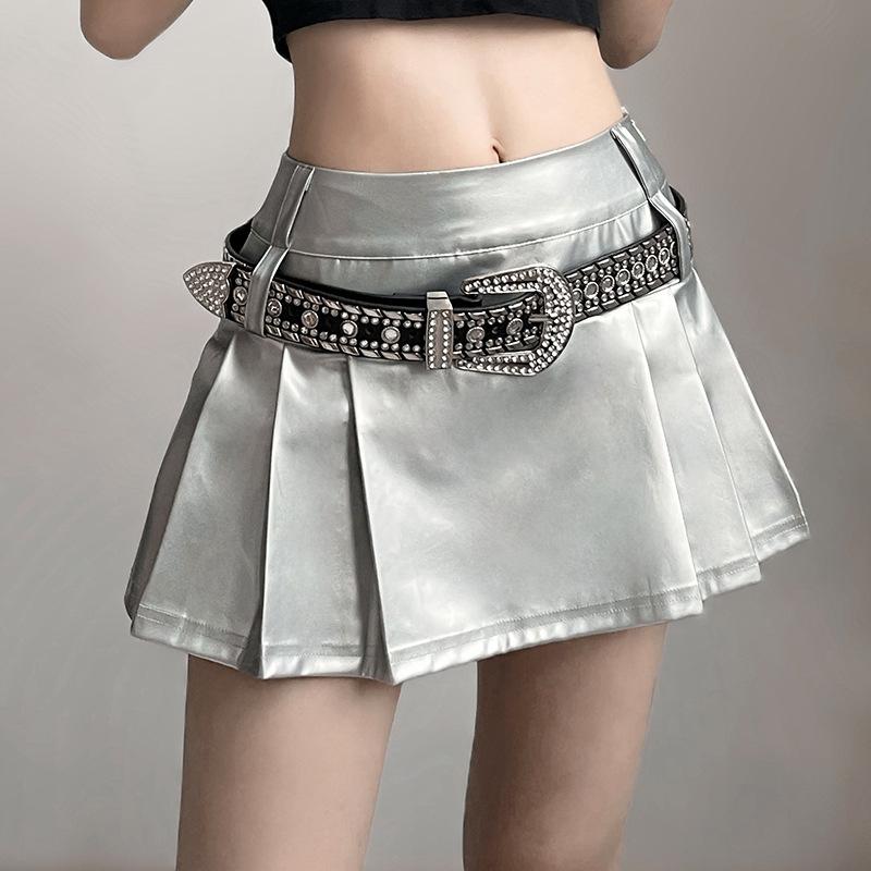 Zip-up metallic pleated medium rise solid mini skirt y2k 90s Revival Techno Fashion - Image 6
