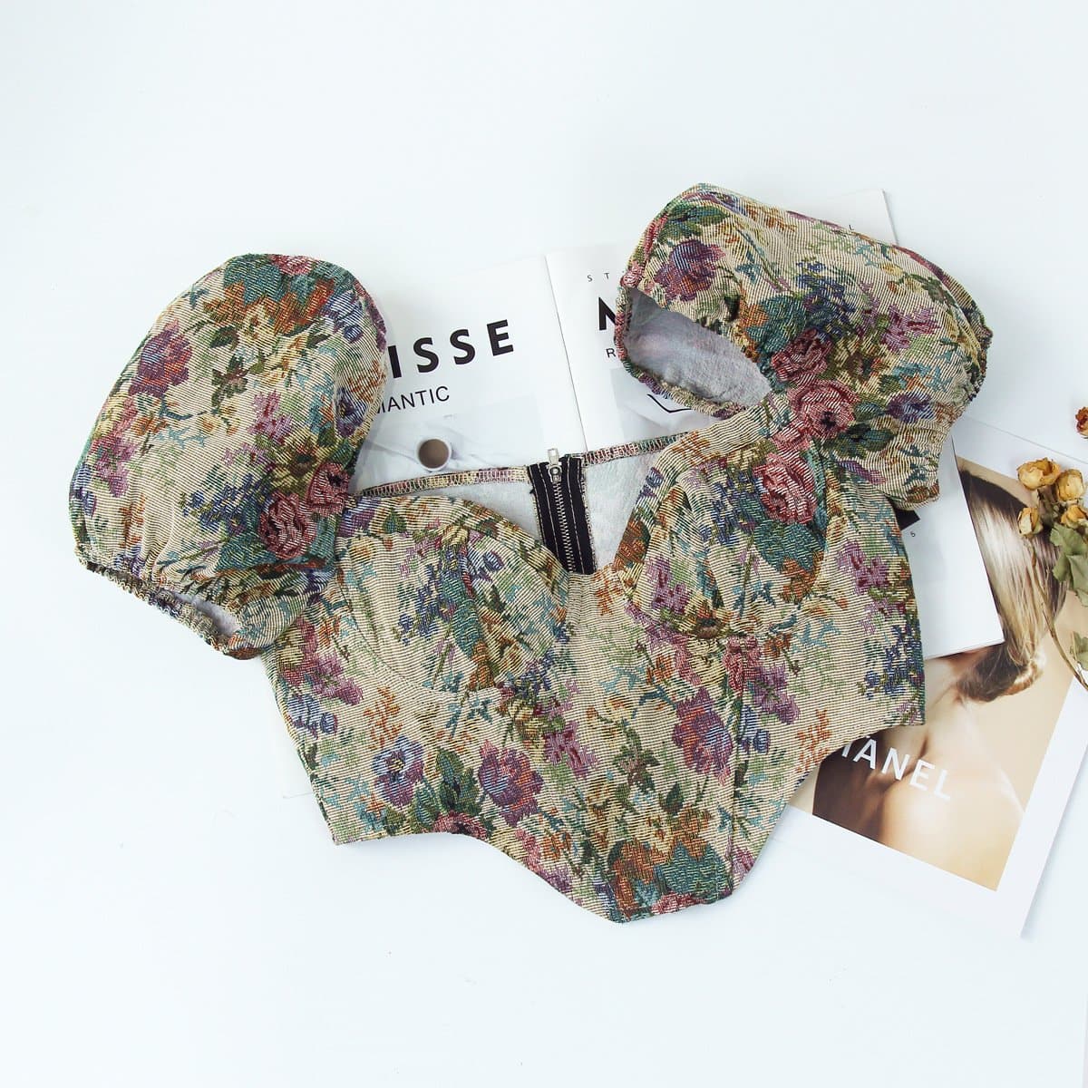 Zip-up low cut puff short sleeve print textured bustier crop top fairycore Ethereal Fashion - Image 3