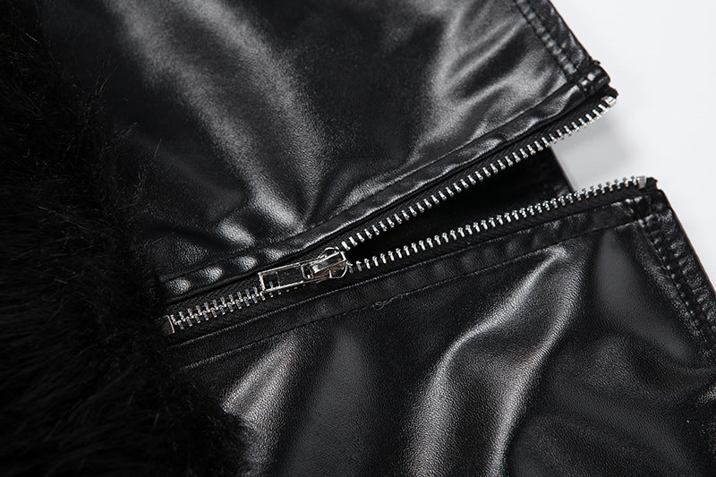 Zip-up PU leather fluffy patchwork mini skirt - Image 5