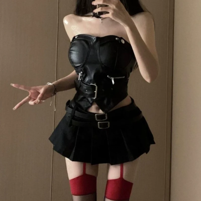 Zip-up PU leather pleated A line tube mini skirt set - Image 4