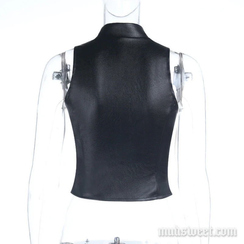 Zip-up PU leather sleeveless slit top - Image 3